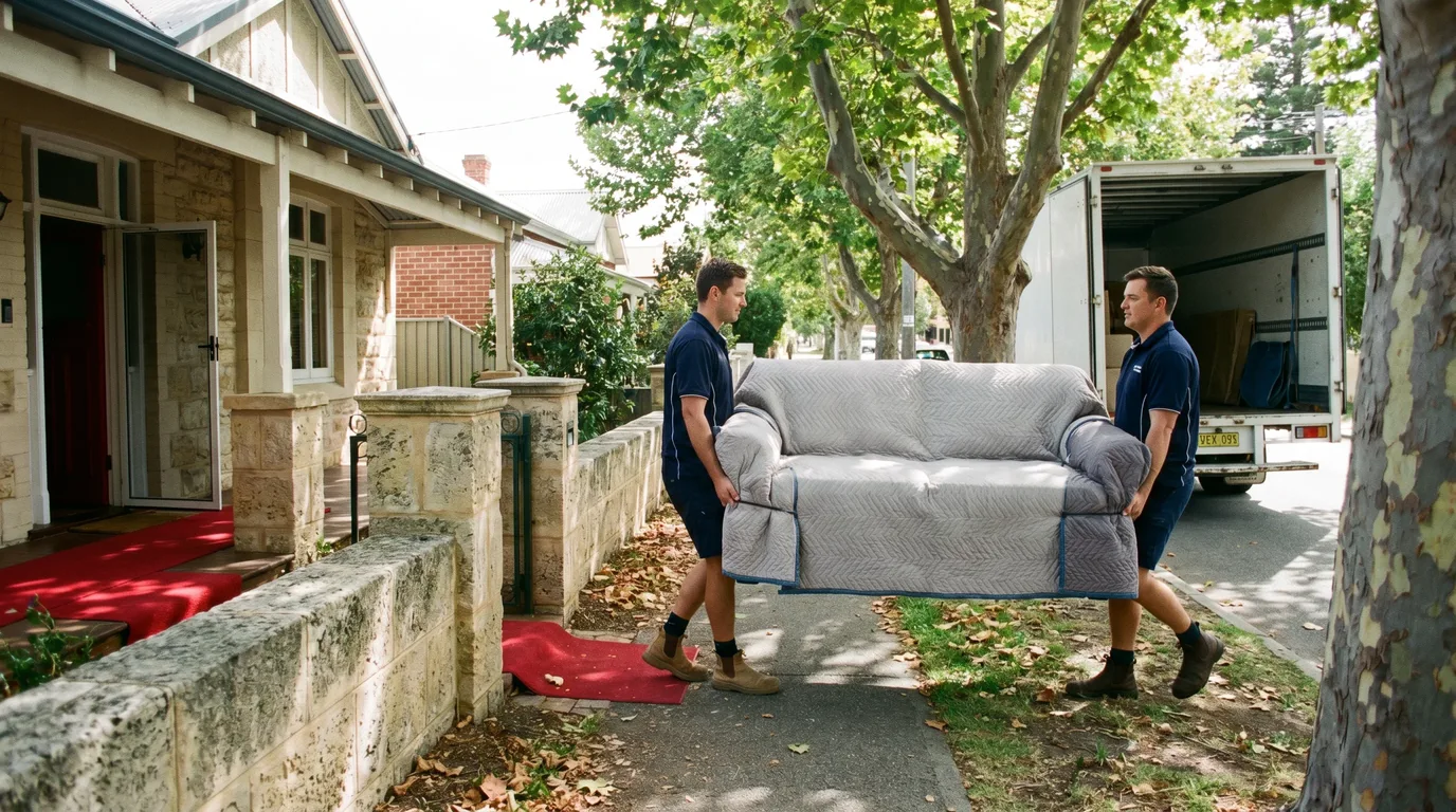 Two removalists in navy polos carry a quilt-wrapped sofa along a narrow tree-lined footpath past a heritage home, with the rear doors of their truck open on the street behind them
